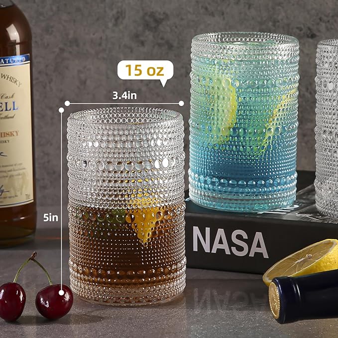 15oz Hobnail Drinking Glasses Set of 6,Clear Vintage Glassware Embossed Water Tumbler,Cocktail Glass Cups for Beer,Whiskey,Juice and Various Mixed Drinks