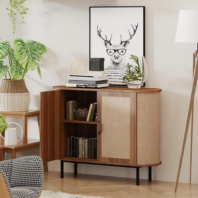 40" Sideboard Buffet With Storage, Rattan Small Buffet, Oval Accent Cabinet for Living Room, Dining Room (Walnut, 40inch)
