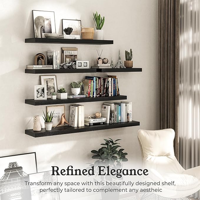Floating Shelves for Wall, 9.3" Deep Wall Mounted Wood Shelves for Bathroom, Bedroom, Living Room, Kitchen, Hanging Shelf for Books/Storage/Room Decor (Black, 40")