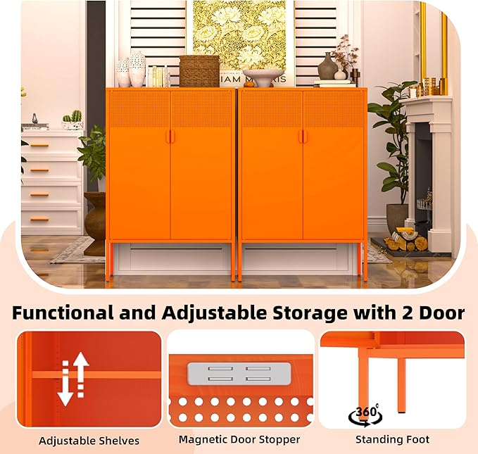 Orange Metal Storage Cabinet,2 Door TV Stand, Metal Mesh Accent Cabinet,Magnetic Door Closure,Low Storage Cabinets with Doors and Shelf for Home,Office,Living Room