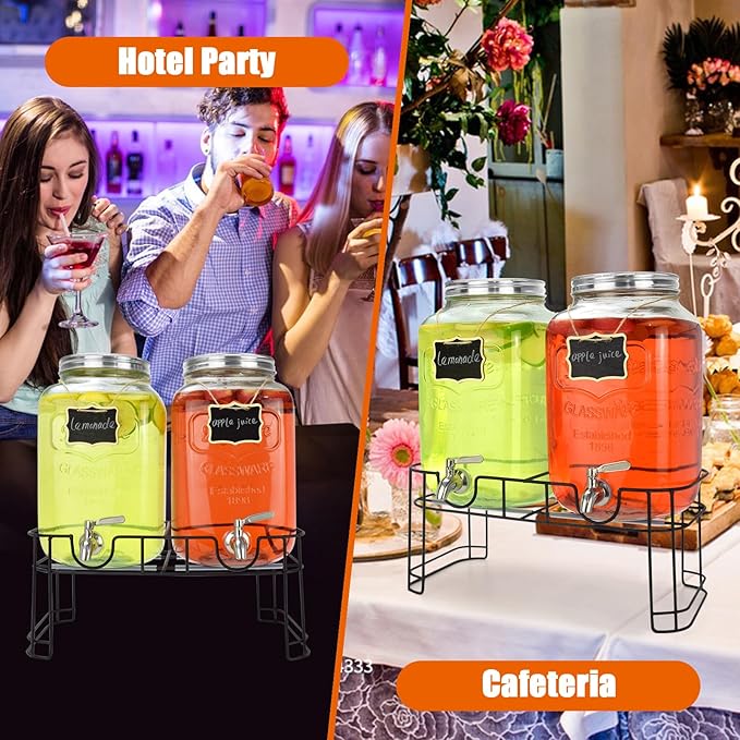 2 Gallon Glass Drink Dispensers For Parties (2 PACK) With Stand And Leakproof Stainless Steel Spigot - Glass Water Jug, Lemonade Dispenser