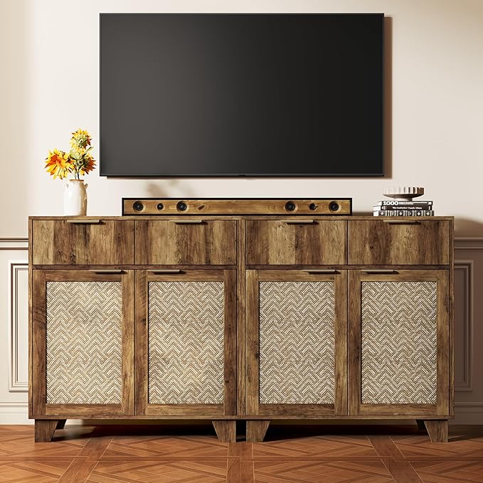ONBRILL Sideboard Buffet Cabinet with 2 Drawers, Coffee Bar Cabinets with 2 Doors, Boho Farmhouse Accent Credenza Buffet Table Console Cabinet with Adjustable Shelves for Living Room, Entryway, Brown