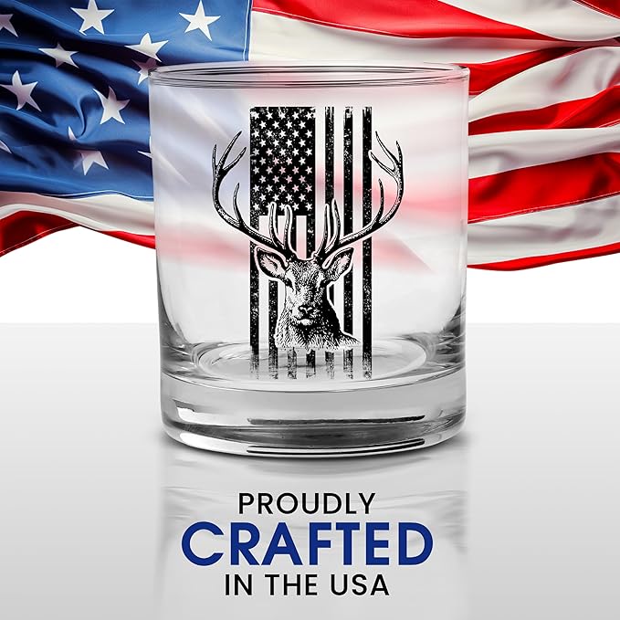 Hunting Gift USA Tattered Worn Flag Buck Deer Old Fashioned Glass Drinking Cup Gift For Hunter Hunt (1)