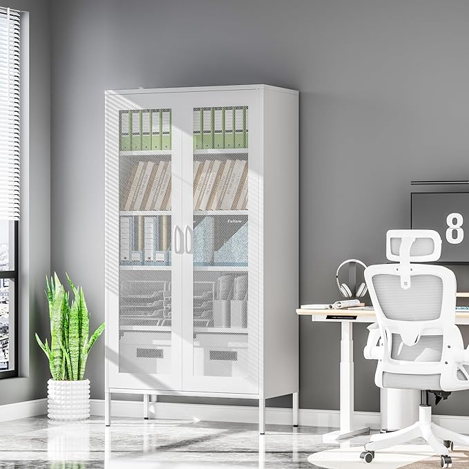 Metal Storage Cabinet,72H Display Cabinets with 2 Mesh Door,Pantry Organizers and Storage,Display Shelves for Collectibles,Storage Cabinet for Home, Office, Bookcase(White)