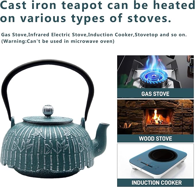 Tea Kettle, Japanese Cast Iron Teapot with Stainless Steel Infuser, Cast Iron Tea Kettle, Durable Teapot Coated with Enameled Interior (40.6oz Blue-green Bamboo Leaf Pattern)