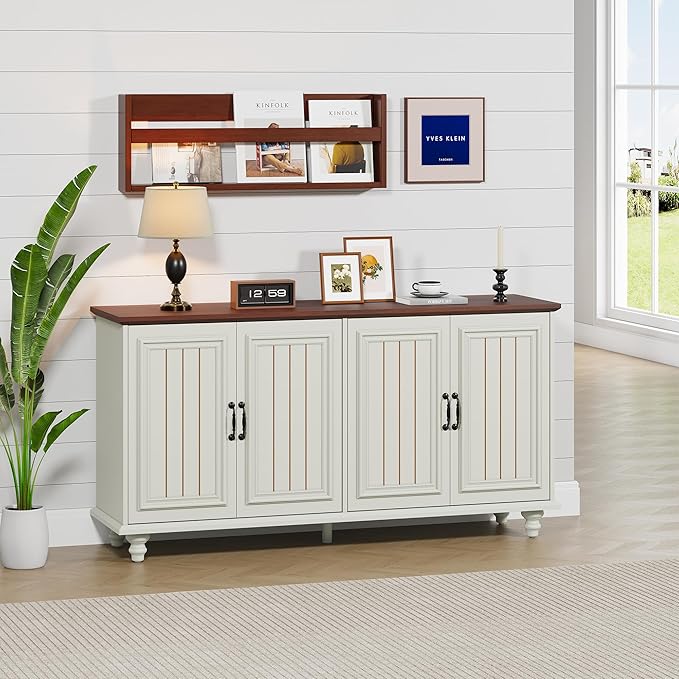 59" Sideboard Buffet Cabinet with Storage, Large Retro Credenza with 4 Doors & Adjustable Shelves Wood Rectangular Coffee Bar Table Console for Kitchen, Living Room, Hallway, Entry (Beige)