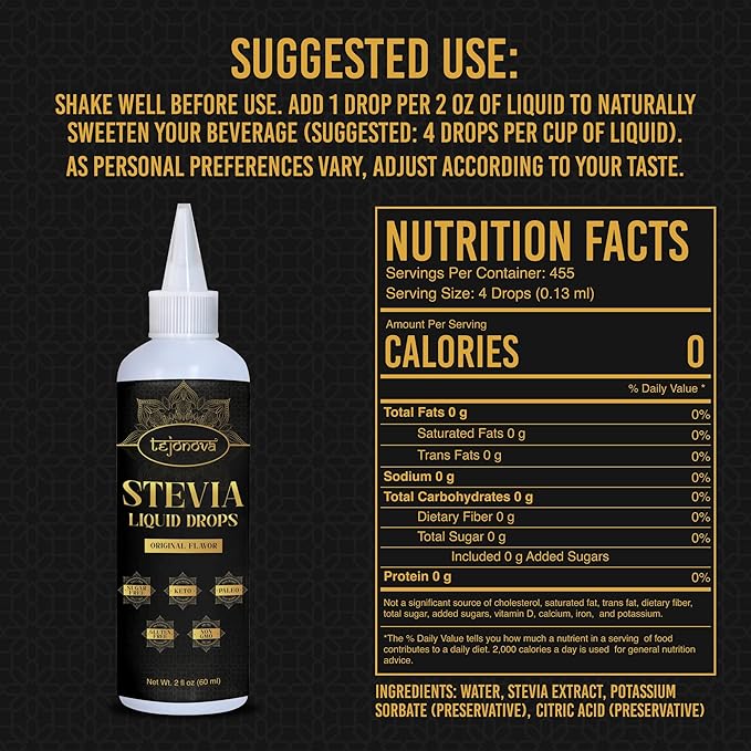 tejonova Stevia Liquid Drops, 2 fl oz, Zero Calorie Stevia Liquid Sweetener from Pure Stevia Extract, Stevia Sweetener for Drinks, Treats, No Sugar Liquid Stevia Drops, Keto Sweetener, No Aftertaste