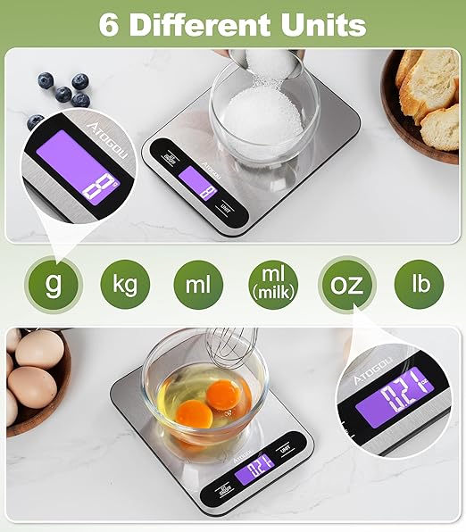 Atogou 0.01oz/33lb Food Scale, Digital Kitchen Scale with Full View LCD Display, Waterproof Stainless Steel Surface, for Cooking, Baking, Meal Prep Black&Grey