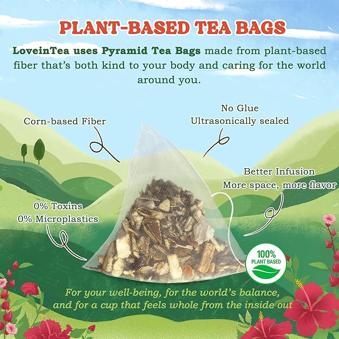 LoveinTea Hibiscus Herbal Tea Bags, 100% Natural Vietnamese Hibiscus Blend, Caffeine-Free, Plant-Based Pyramid Bags, 30 Count