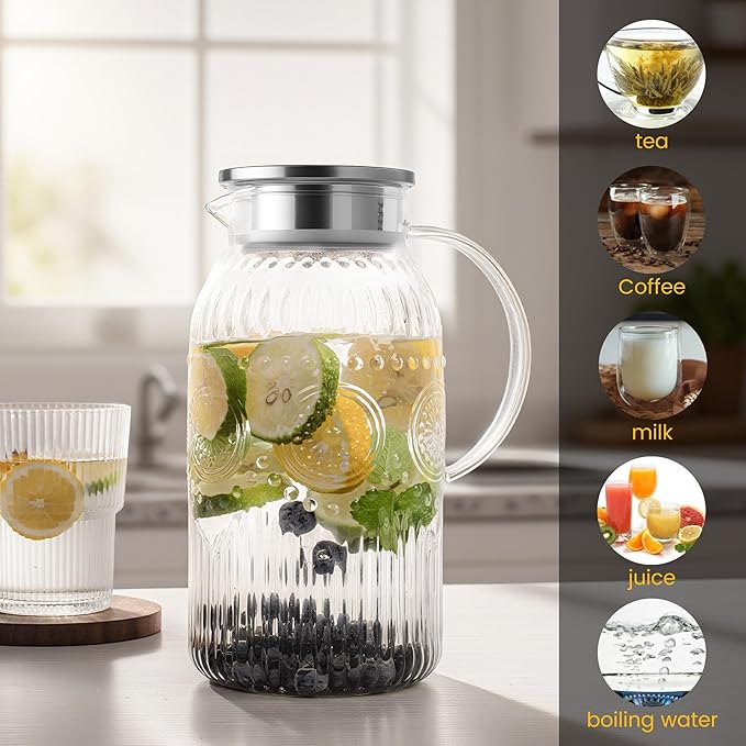 Bandesun Vintage Glass Pitcher with Lid, Heat Resistant Borosilicate Water Jug, 68 oz/ 2 Liter Water Pitcher with Handle and Spout for Fridge, Carafe for Hot/Cold Coffee, Tea,Beverage 1Pack