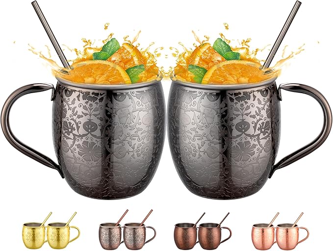 Moscow Mule MugsSet of 2-18 Oz Copper-Plated Fine Craftsmanship Etched Mugs,304 Stainless Steel-Lined Mule Cups,For Cold Drinks, Beer, Wine, Bars, Parties