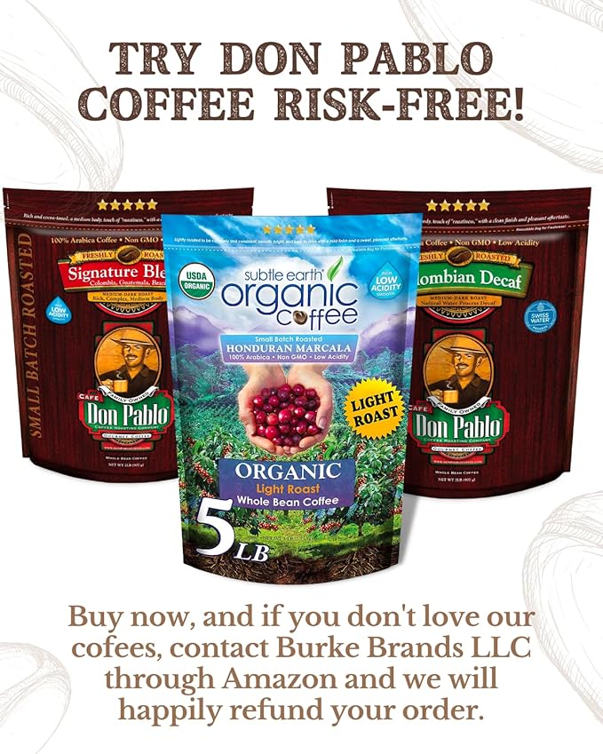 5LB Subtle Earth Organic Coffee - Light Roast - Whole Bean Coffee - 100% Arabica Beans - Low Acidity and Non-GMO - 5lb bag