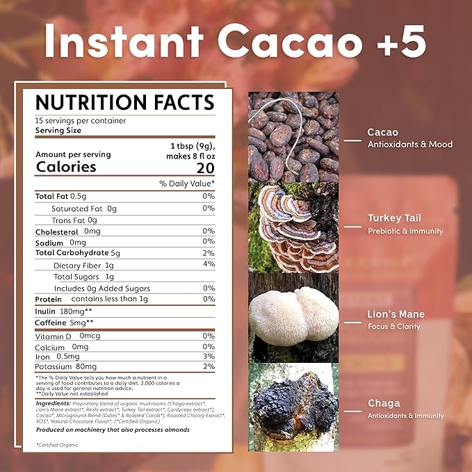 Miraculous Mushrooms Instant Cacao+5 Coffee Alternative by Teeccino – 15 servings - 5 Organic Adaptogenic Mushrooms with Cacao - Reishi, Lion’s Mane, Chaga, Turkey Tail, Cordyceps - Caffeine Free, Prebiotic - 4.7 ounces