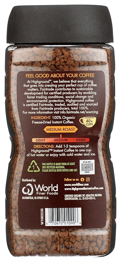 Highground Organic Regular Instant Coffee, Vegan, 3.53 Ounces (Pack Of 6)