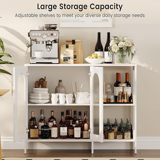 GarveeHome Glass Door Sideboard Cabinet, Modern Storage Buffet with Metal Handles & Adjustable Shelves, Solid Wood Frame Display Cabinet for Living Room, Dining Room, Kitchen, Entryway, White