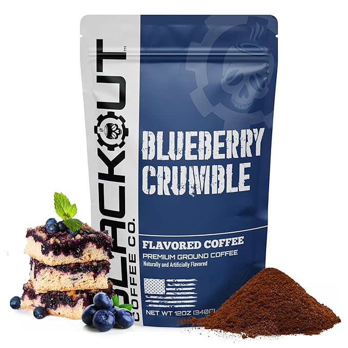 Blackout Coffee Blueberry Crumble Flavored Ground Coffee – Medium Roast, Smooth Taste, Guilt-Free Indulgence – Freshly Roasted 12oz Bag
