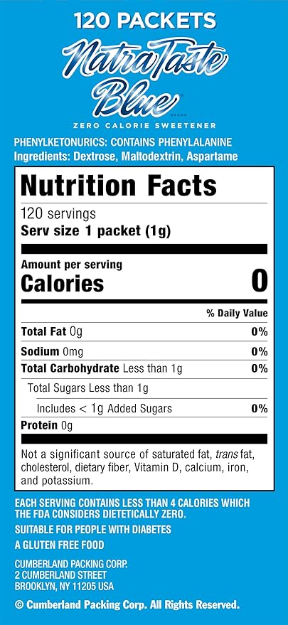 NatraTaste Blue Zero Calorie Sweetener, Bulk Sugar Substitute for Coffee, Iced Tea, Lemonade, Hot & Cold Drinks, Baking, Cooking, Low Carb, Vegan, Sugar Alternative, 120 Packets Value Box (12 pack)