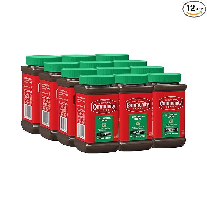 Community Coffee Café Special Decaf Instant Coffee, Medium Dark Roast, 7 Ounce Jar (Pack of 12)