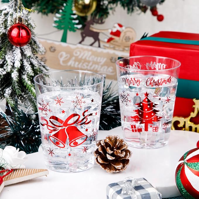 WELLIFE 60Pcs Red Christmas Plastic Cups, 10oz Merry christmas Cups, Red Plastic Tumblers with Christmas Tree and Bells Design, Disposable cups for Daily Use, Holiday Party Supplies