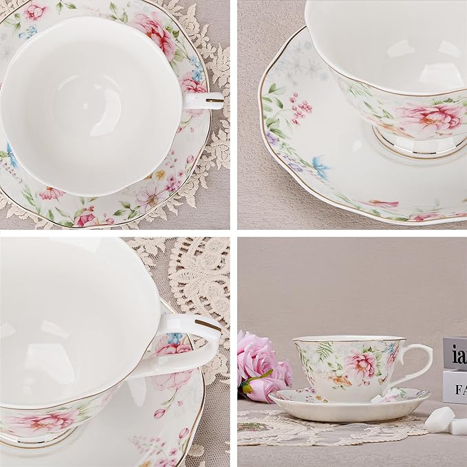 fanquare 7 oz Floral Tea Cup and Saucer Set for Afternoon Tea, British Style Porcelain Coffee Cup with Gold Trim for Home Party Gifting