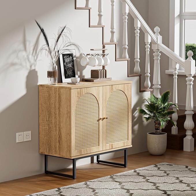 Vabches Sideboard Buffet Cabinet with Rattan Doors, 2 Doors Accent Sideboard Cabinet, Coffee Bar Cabinet with Metal Legs for Living Room, Hallway, Entryway Natural (Natural, 2 Doors)