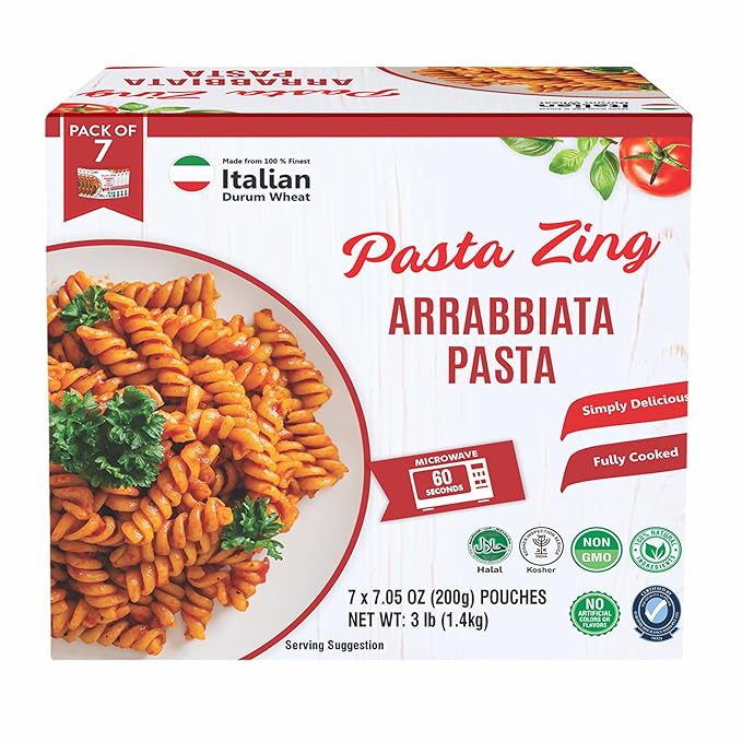 Pasta Zing Arrabbiata Pasta, Spicy Italian Al-Dente Fusilli, Ready in 1 Minute, Made with 100% Durum Wheat, 12.6g Protein 7g Fiber, Clean Label Shelf-Stable, 7.05 oz Pouch, Pack of 7