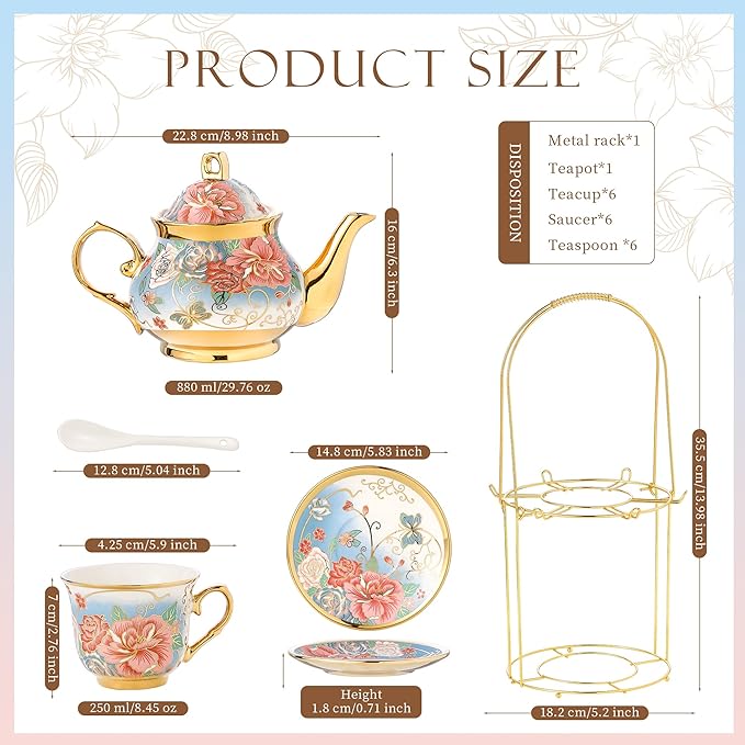 20 Pieces Porcelain Tea Set With Metal Holder, European Ceramic tea set for adults,Flower Tea Set,Tea Set For Women With Flower Painting (VIVID BLUE, Largr Vision)