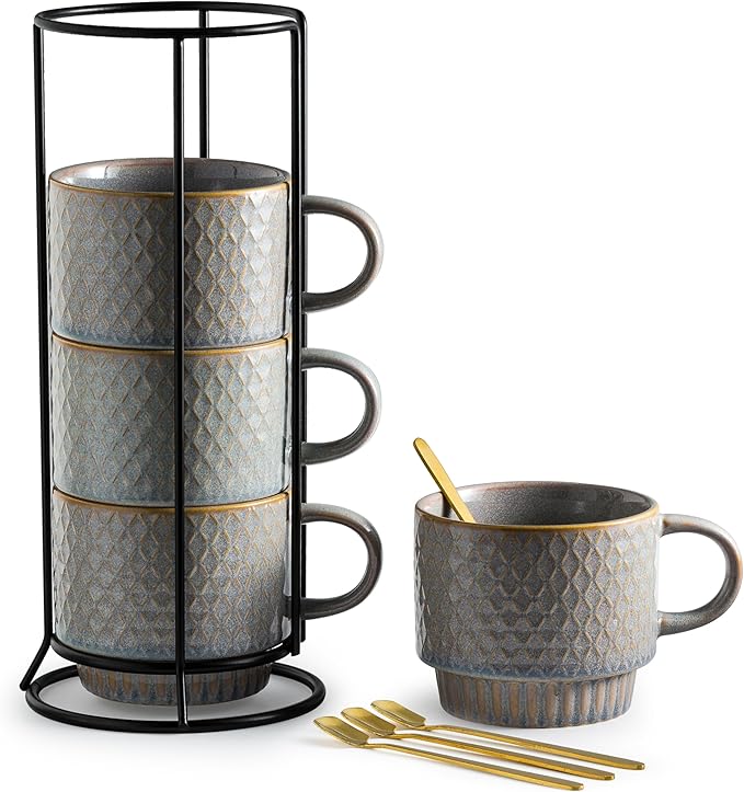 Gomakren Coffee Mugs Set of 4, 13 Ounce Stackable Coffee Mugs with Stand, Christmas Ceramic Coffee Cups with Spoon for Coffee, Espresso, Cappuccino, Latte, Cocoa, Tea and Milk, Light Gray