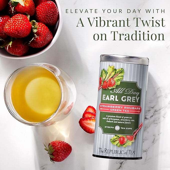 The Republic of Tea – All Day Earl Grey® Strawberry Rhubarb Green Tea, Naturally Caffeinated, 36 Tea Bags