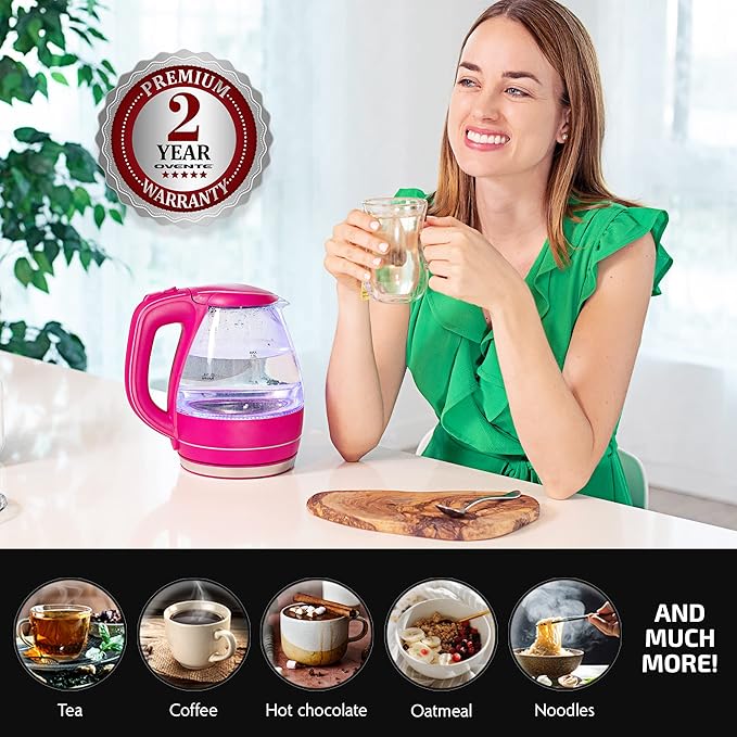 OVENTE Electric Kettle, 1.5L Borosilicate Glass Countertop Water Heater and Boiler for Coffee or Tea, BPA-Free, Auto Shut-Off, Boil-Dry Protection, Removable and Washable Spout Filter, Pink KG83F
