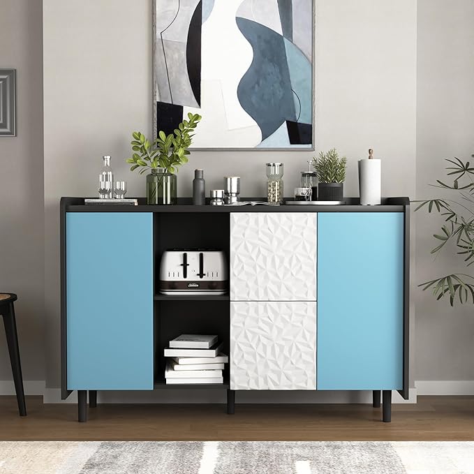 47" Modern Sideboard Buffet Cabinet, Black Accent Storage Cabinet with Blue Door & 2 Push-to-Open Drawers, Console Table for Dining Room, Living Room, Entryway, Office