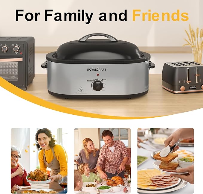 Royalcraft Roaster Oven with Self-Basting Lid, 18qt Electric Roaster with Removable Pan & Rack, Turkey Roaster Oven with Defrost & Warm Function, Stainless Steel, Silver