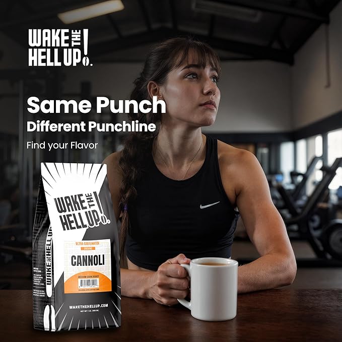 Wake The Hell Up! 1lb Ultra-Caffeinated Cannoli Ground Coffee, Low Acid, Medium-Dark Roast