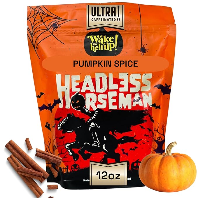 Wake The Hell Up! 12oz Ultra-Caffeinated Pumpkin Spice Ground Coffee, Low Acid, Medium-Dark Roast