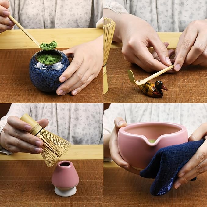 Artcome 7 Pcs Complete Matcha Ceremony Kit for Tea Ceremony, Bowl with Pouring Spout, Whisk, Tea Scoop, Matcha Powder Strainer, Matcha Tea Set For Making Usucha, Koicha and Matcha Latte (Pink)