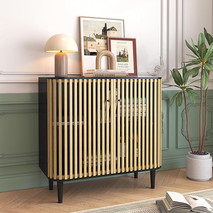 Sideboard Buffet Cabinet with Slatted Bamboo Doors, 31.5" Accent Storage Cabinet with Curved Design, Coffee Bar Cabinet Credenzas for Living Room, Kitchen, Entryway