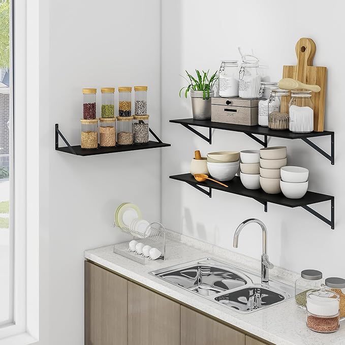 Heimlove Black Deep Floating Shelves for Wall, 24W x 12D Wood Wall Shelves Set of 2, Wide Floating Bookshelf for Living Room, Kitchen, Office, Bedroom and Decor Storage, with Metal Bracket - Black