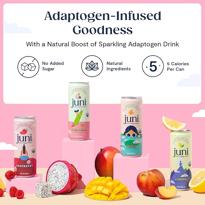 Juni Sparkling Adaptogen Drink with Ashwagandha, Lion’s Mane & Reishi Mushrooms, Green Tea for Focus, Zero Sugar, 10 Calories, Organic Non Alcoholic Drinks - Lemonade Iced Tea 12 pack