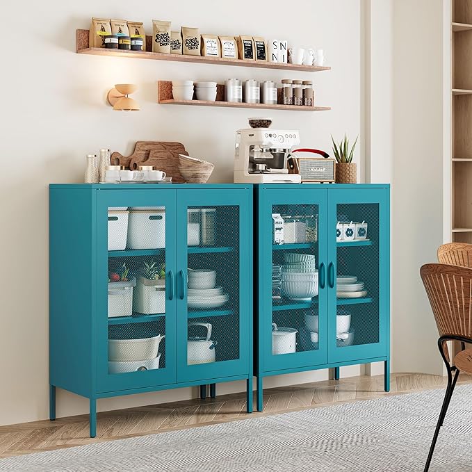 Metal Locker Storage Cabinet with 2 Mesh Doors and Adjustable Shelves,Blue Metal Locker Cabinets,Coffee Bar Cabinet,Kitchen Pantry Storage Cabinets for Home,Sideboard,Office(40" H)