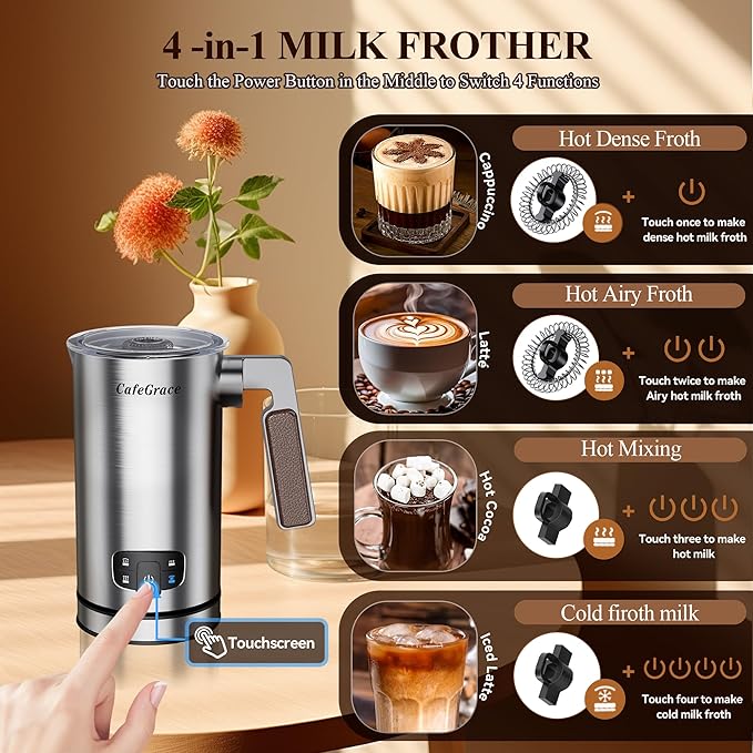 4-in-1 Electric Milk Frother for Coffee, Automatic Warm and Cold Foam Frother, One-Touch Milk Steamer and Frother for Latte Cappuccinos Hot Chocolate, Easy to Clean