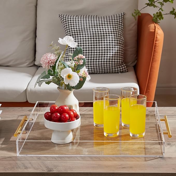Large Clear Acrylic Serving Tray (16×18 Inches) with Gold Handles Spill Proof Acrylic Decorative Tray Organiser for Ottoman Coffee Table Countertop
