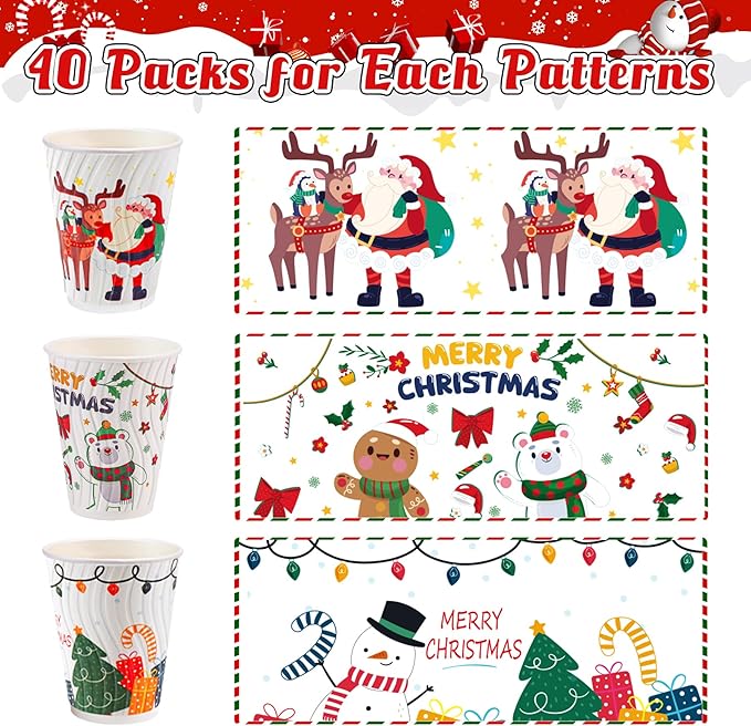 Christmas Coffee Cups 12 oz 120 Pack Corrugated Insulated Ripple Wall Disposable Paper Coffee Cups 12oz, To Go for Hot Beverage or Cold Drinks Office/Home/Cafe/Party/Travel