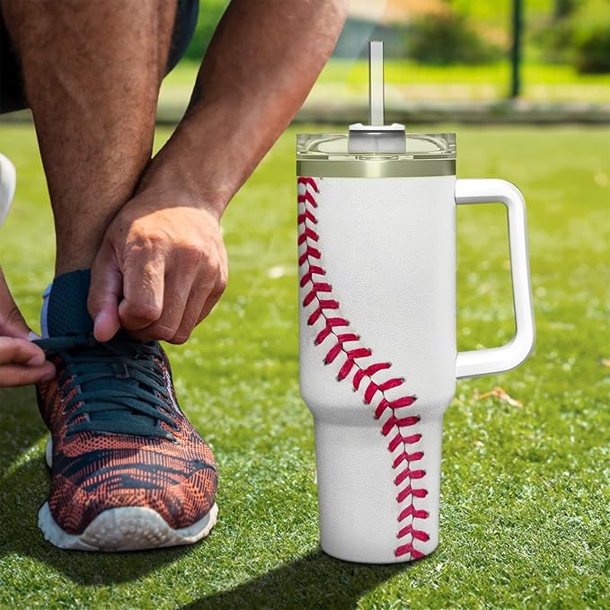 SANDJEST Baseball Tumbler with Handle 40oz, Insulated Stainless Steel Cup with Lid & Straw, Gifts for Men, Boys, Players, Coaches, Sports Lovers, Christmas, Birthday
