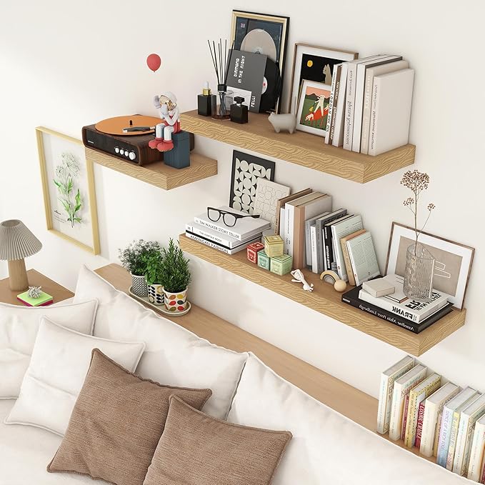Deep Floating Shelves | 36 Inch Oak Floating Shelves Set of 2 | 12 Inch Deep Rustic Wood Shelves for Wall | 36" W x 12" D Oak Shelves for Living Room Bathroom Laundry Room Kitchen