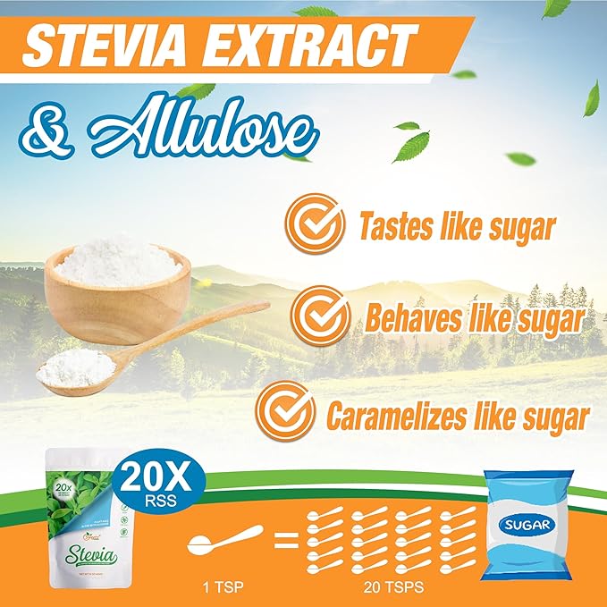 Allulose – Stevia Blend All Purpose Sweetener – 20X Sugar Sweetness; Total Servings 2270; Zero Calorie Sweetener, Sugar-Free Substitute for Baking, Smoothies, Coffee; Low Carb Keto Diet Friendly Food | 1-LB