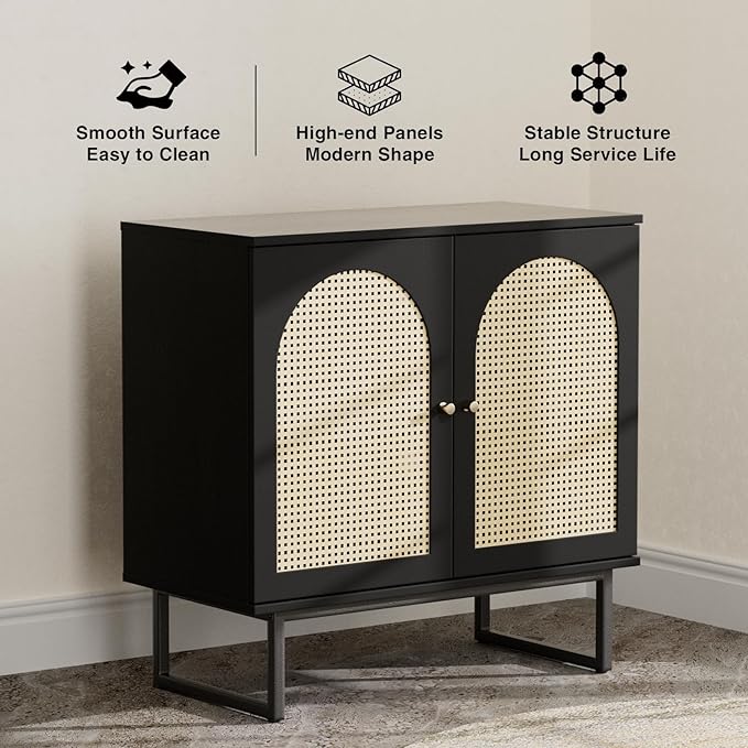 Storage Cabinet with 2 Arched Rattan Doors, Rattan Sideboard Buffet Cabinet with Storage, Boho Entryway Table Console Credenza TV Stand for Living/Dining Room, Kitchen, Hallway, Black