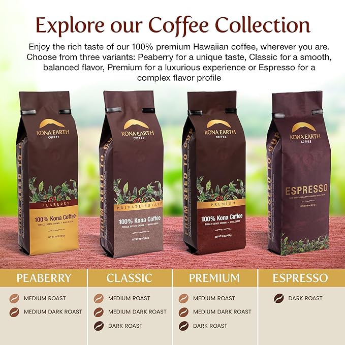 Kona Earth - Dark Roast Hawaiian Espresso, Whole Bean, 1lb (16 oz) Farm-Direct coffee beans from Hawaii’s Big Island, Micro-Batch-Roasted