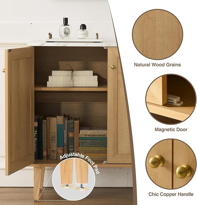 Modern Storage Cabinet Freestanding Accent Cabinet Sideboard Buffet with Faux Marble Top & Adjustable Shelves Wooden Organizer for Dining Room, Living Room Entryway Natural Oak
