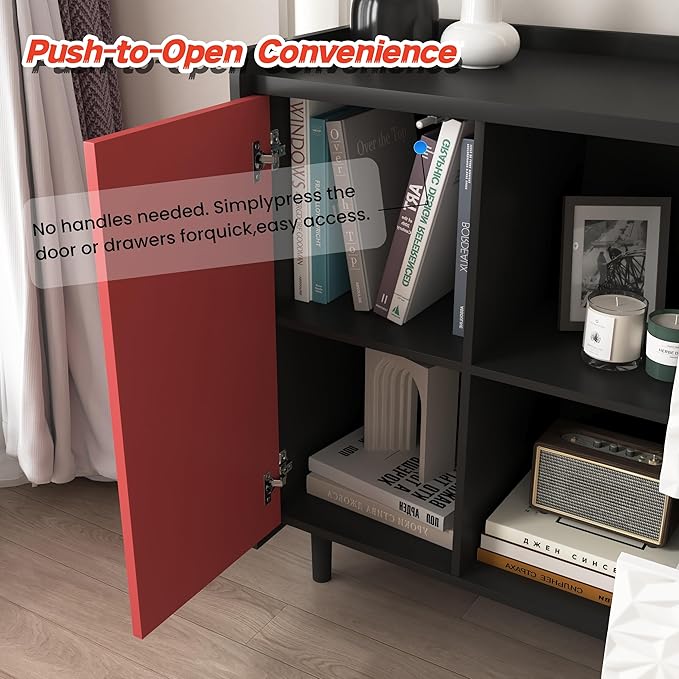 35" Modern Buffet Cabinet & Coffee Bar, Small Sideboard with 3D Geometric Drawers, Push-to-Open Door & Adjustable Shelves, Unique Color Block Accent Storage for Kitchen, Dining, Entryway