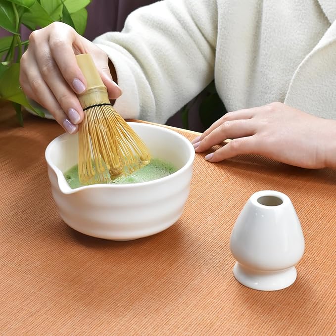 Artcome 7-Piece Matcha Tea Set - Complete Japanese Ceremony Kit with Bowl, Whisk, Scoop, Strainer & Guide, White